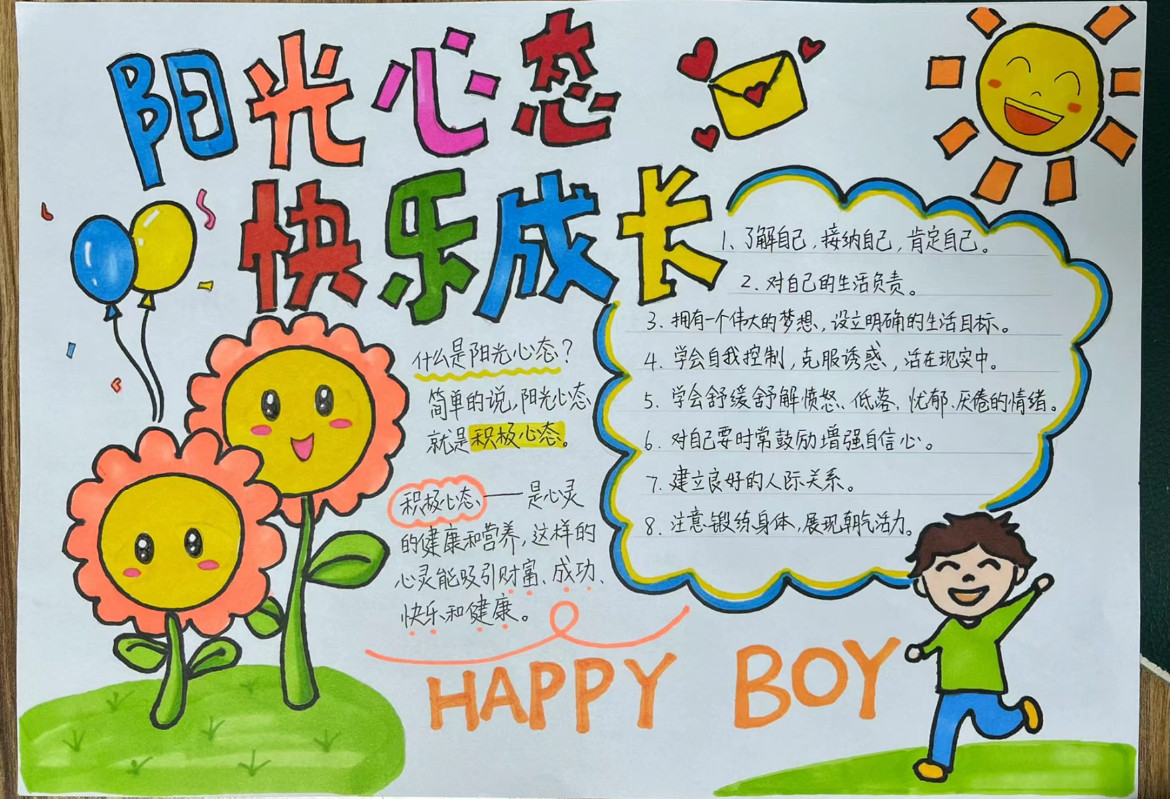 阳光心态快乐成长手抄报小报模板电子版小学黑白线稿男孩主题横版