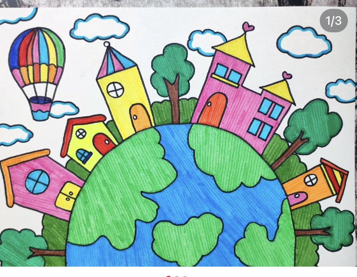 同一个地球绿色家园主题绘画儿童画简笔画电子版模板小学生剪贴创