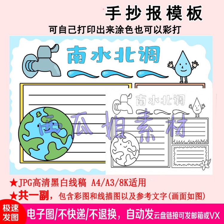 南水北调手抄报模板模版中小学生电子小报a4线稿a3模板爱学习读书