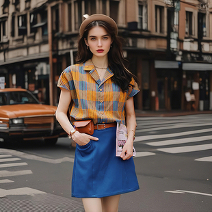 两件套港风复古格纹翻领上衣蓝色短裙夏季新款洋气百搭半身裙套装