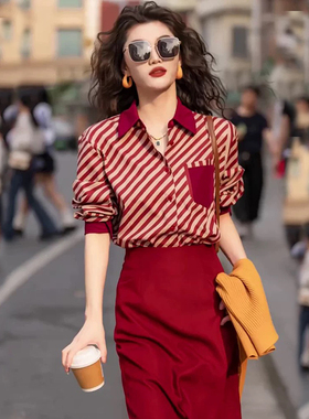 春秋新款套裙港风复古网红时尚套装长袖条纹衬衫上衣红色半身裙女