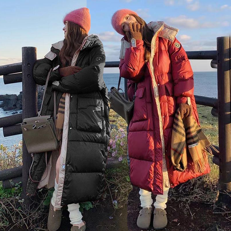 白鸭绒羽绒服女中长款拼接宽松