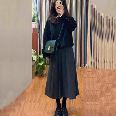 大码休闲套装黑色短款毛呢外套