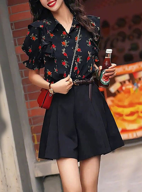 复古港风时尚套装黑色短裤半身裙V领上衣衬衫夏季新款两件套裙女