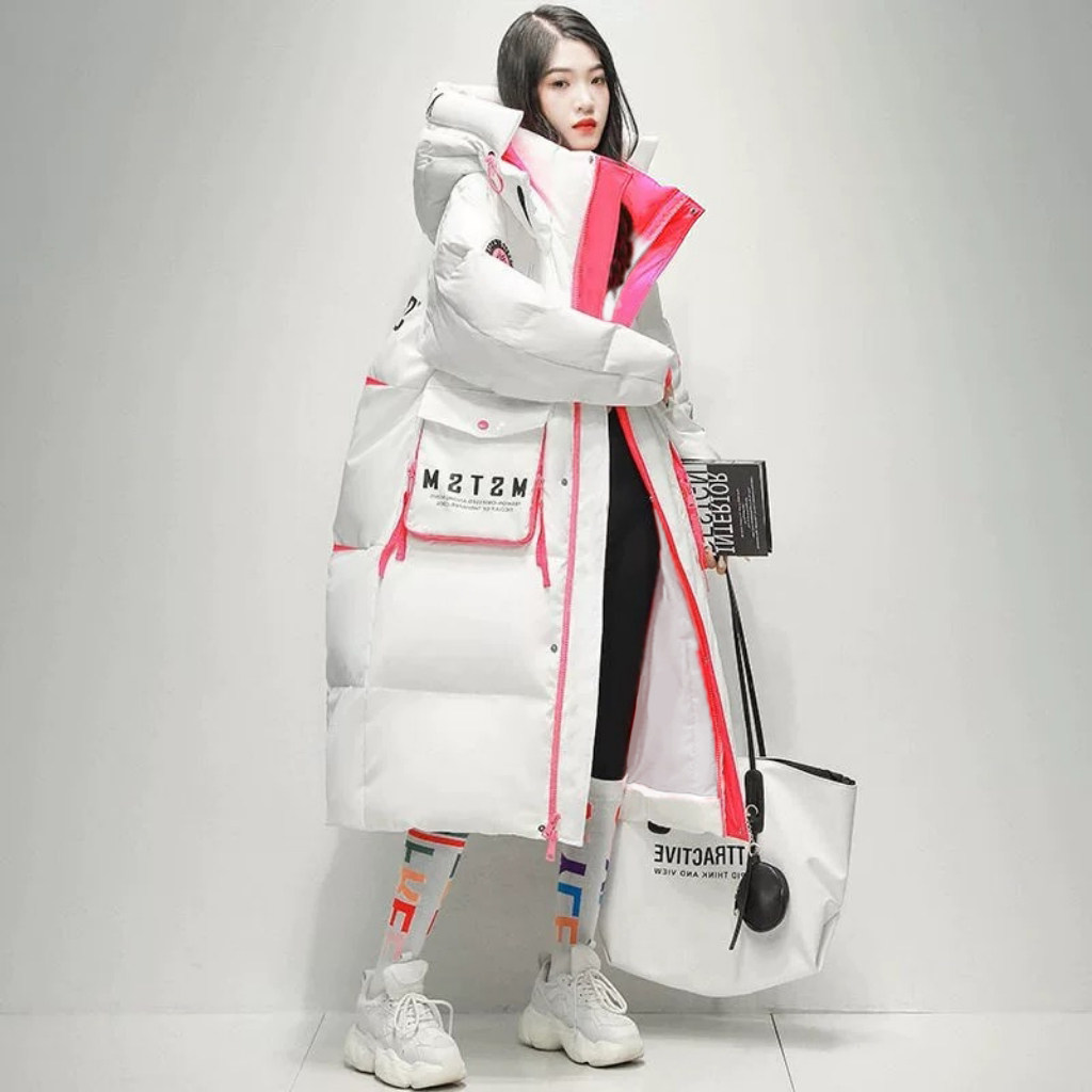 新款时尚冬装撞色羽绒服女洋气宽松拼色过膝长款免洗面包服外套