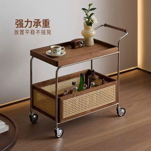实木边几可收纳小推车客厅沙发储物置物架藤编简约餐车移动茶几