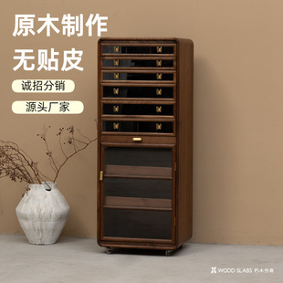 黑胡桃实木移动边柜带轮子落地文玩首饰置物柜茶具收纳柜移动收纳