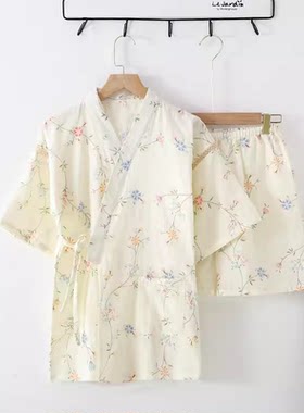 女纯棉双层纱布V领斜襟睡衣套装