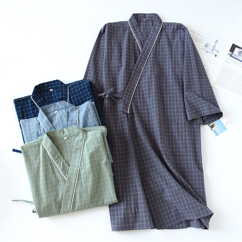 男士格子睡袍春夏中长款纯棉纱布水洗棉简约大码浴袍日式和服睡衣