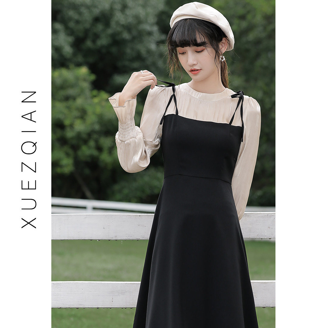 法式复古赫本风假两件连衣裙长袖中长款2020秋季新款温柔风桔梗裙