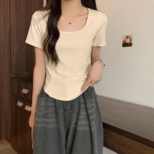 新款大码鱼骨短袖t恤女夏季新款胖MM遮肉显瘦白色微胖正肩上衣
