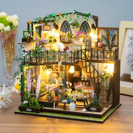 弘达diy小屋达西花房手工模型阁楼拼装木制房子场景玩具生日礼物