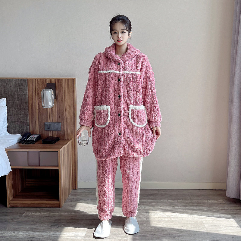 冬季加肥大码提花珊瑚绒孕妇睡衣女加厚加绒胖mm200斤家居服套装
