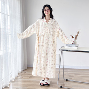 日式浴袍纯棉纱布大码胖mm200斤春秋长袖吸水速干睡裙浴衣家居服
