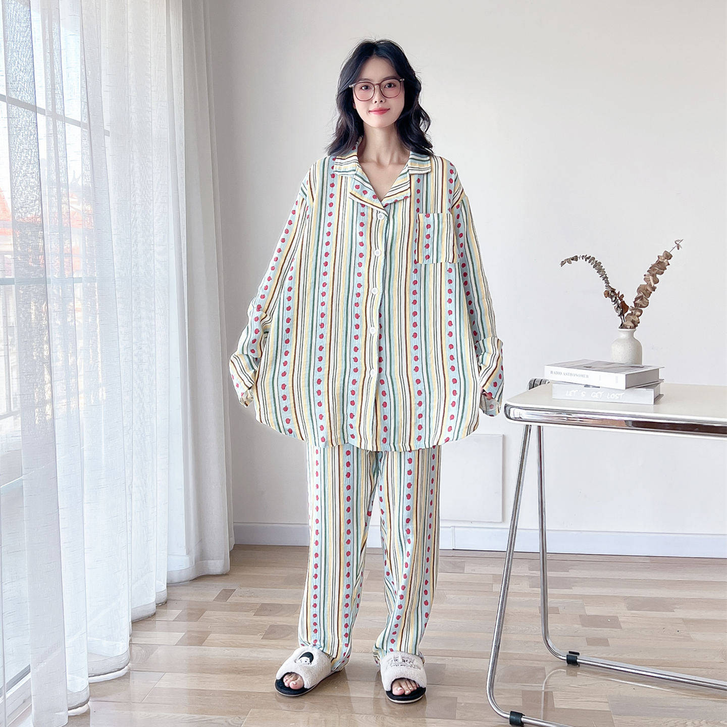 衬衫领开衫纯棉纱布大码200斤睡衣女春秋长袖胖MM宽松家居服套装