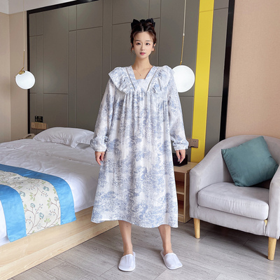 100%棉纱布春秋公主风大码睡裙女