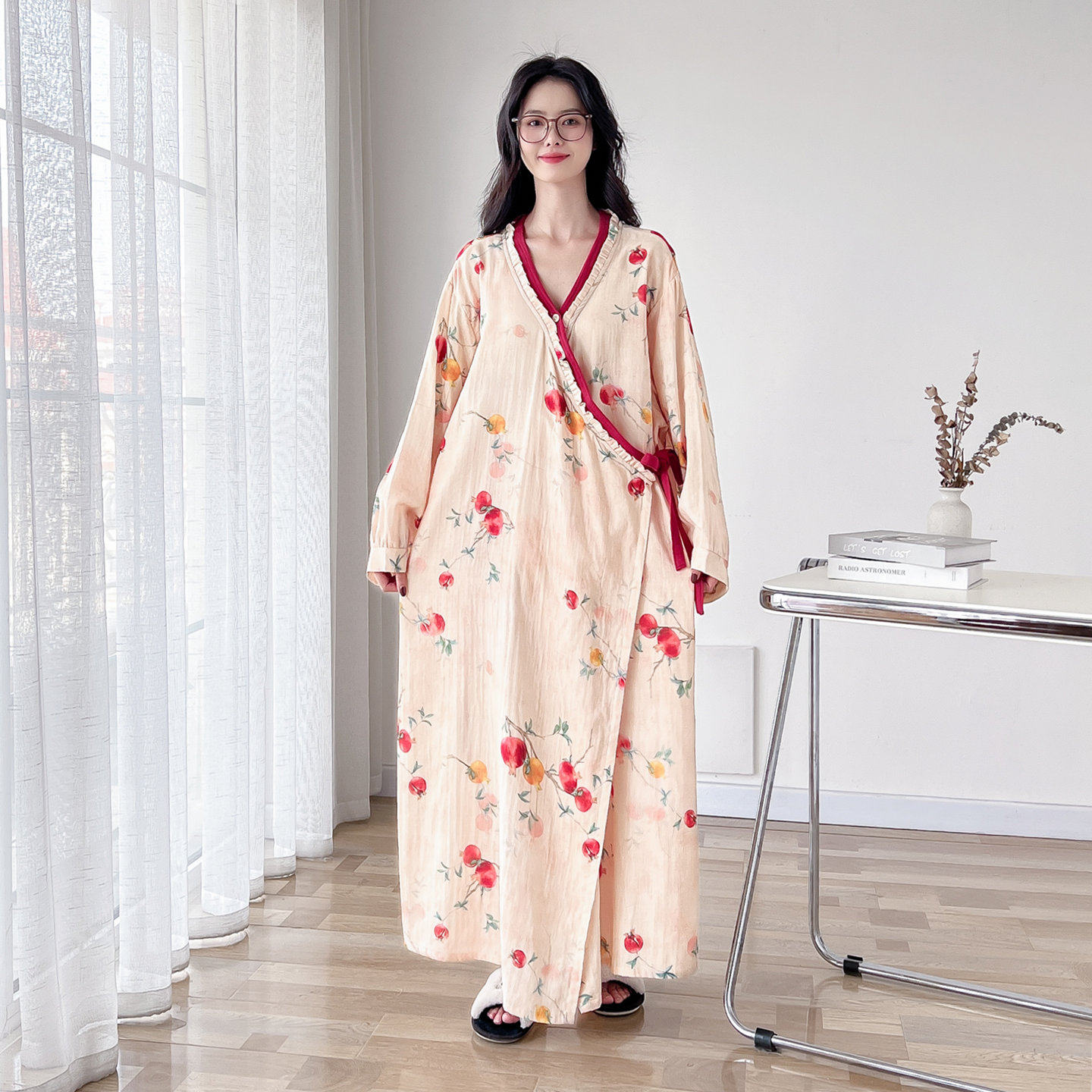 日系甜美纯棉纱布加长款大码睡裙女春秋长袖加肥200斤睡袍家居服