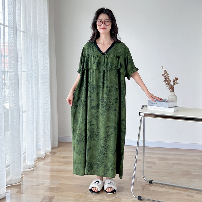 防凸点V领蕾丝棉绸大码睡裙女夏