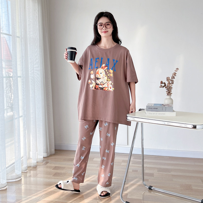 春夏可爱兔子纯棉加大码胖mm睡衣女200斤短袖长裤休闲家居服套装