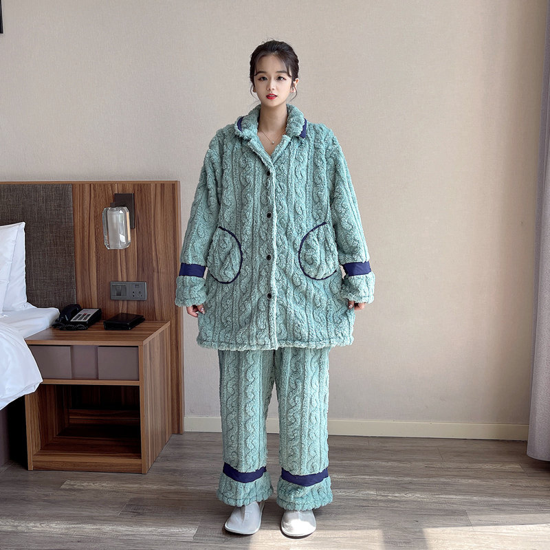 冬季大码胖mm珊瑚绒睡衣女简约加厚加绒保暖200斤孕妇家居服套装