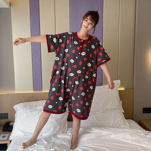 可爱短袖大码连体睡衣女夏季可外穿纯棉睡裙胖MM200斤孕妇家居服