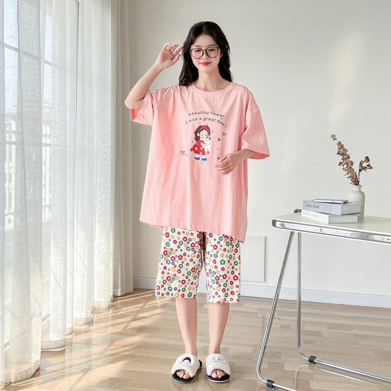 卡通印花圆领纯棉加大码睡衣女夏季短袖可爱胖mm200斤家居服套装