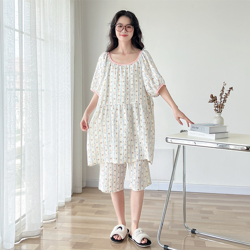 带胸垫纯棉纱布大码睡衣女夏季薄款短袖加肥胖mm200斤家居服套装