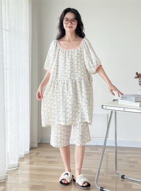 带胸垫纯棉纱布大码睡衣女夏季