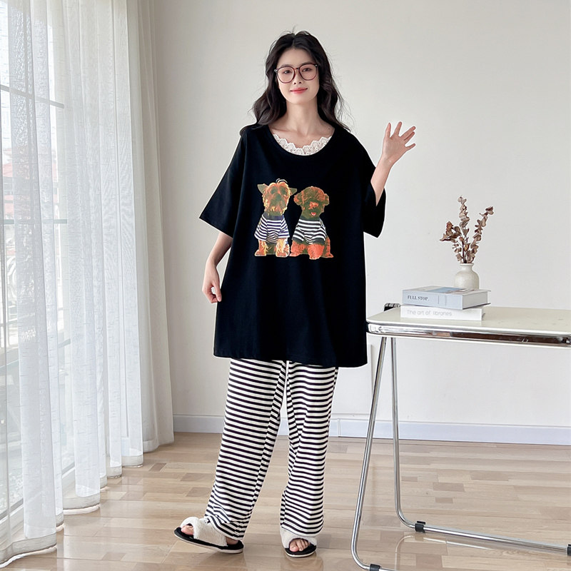 可爱小狗纯棉大码睡衣女春夏薄款加肥220斤韩版可外穿家居服套装
