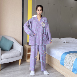 开衫大码睡衣女200斤纯棉卡通春秋长袖长裤胖mm休闲家居服两件套