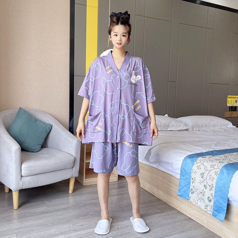 夏季新款加大码胖mm200斤睡衣女薄款纯棉短袖休闲洋气家居服套装