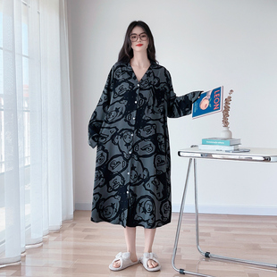 长袖 睡裙女胖mn200斤春秋夏薄款 宽松孕妇睡衣家居服 棉绸大码 开衫