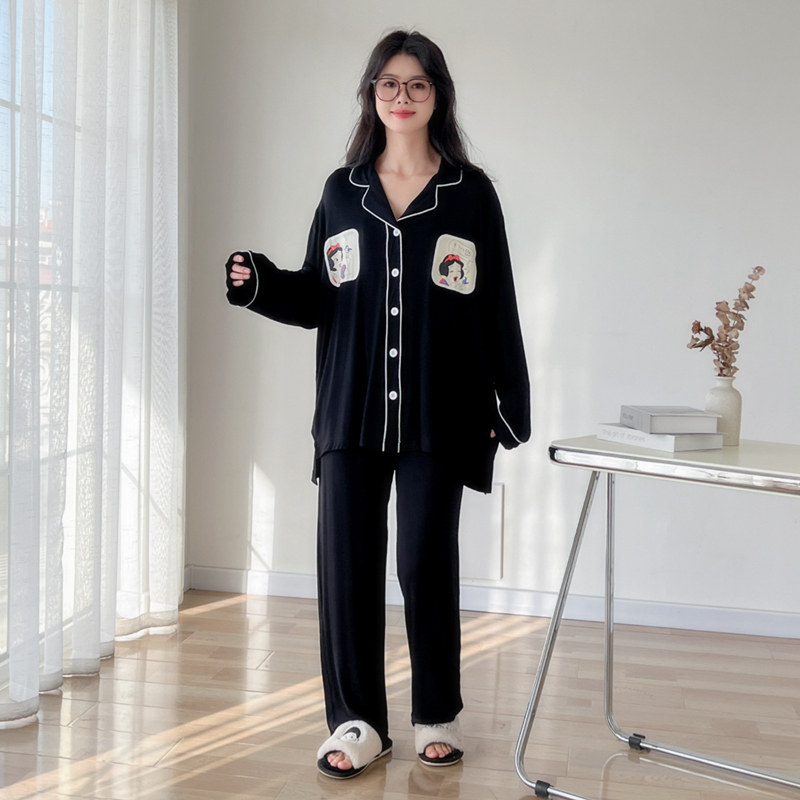 莫代尔简约开衫大码睡衣女胖mm200斤加肥加大春秋长袖家居服套装