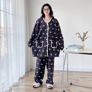 冬季甜美V领米粒绒大码200斤睡衣女加厚加绒可外穿胖MM家居服套装