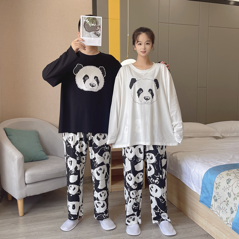 情侣纯棉熊猫大码睡衣套装长袖