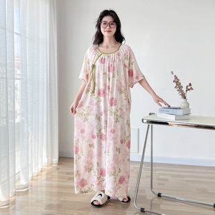 胖mm中式 國風加長款 人造棉睡衣家居服 薄款 短袖 棉綢大碼 睡裙女夏季