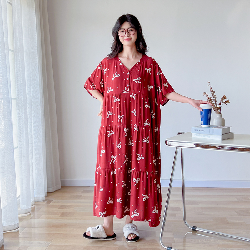 加长V领棉绸大码胖mm睡裙女200斤夏季短袖薄款宽松孕妇睡衣家居服