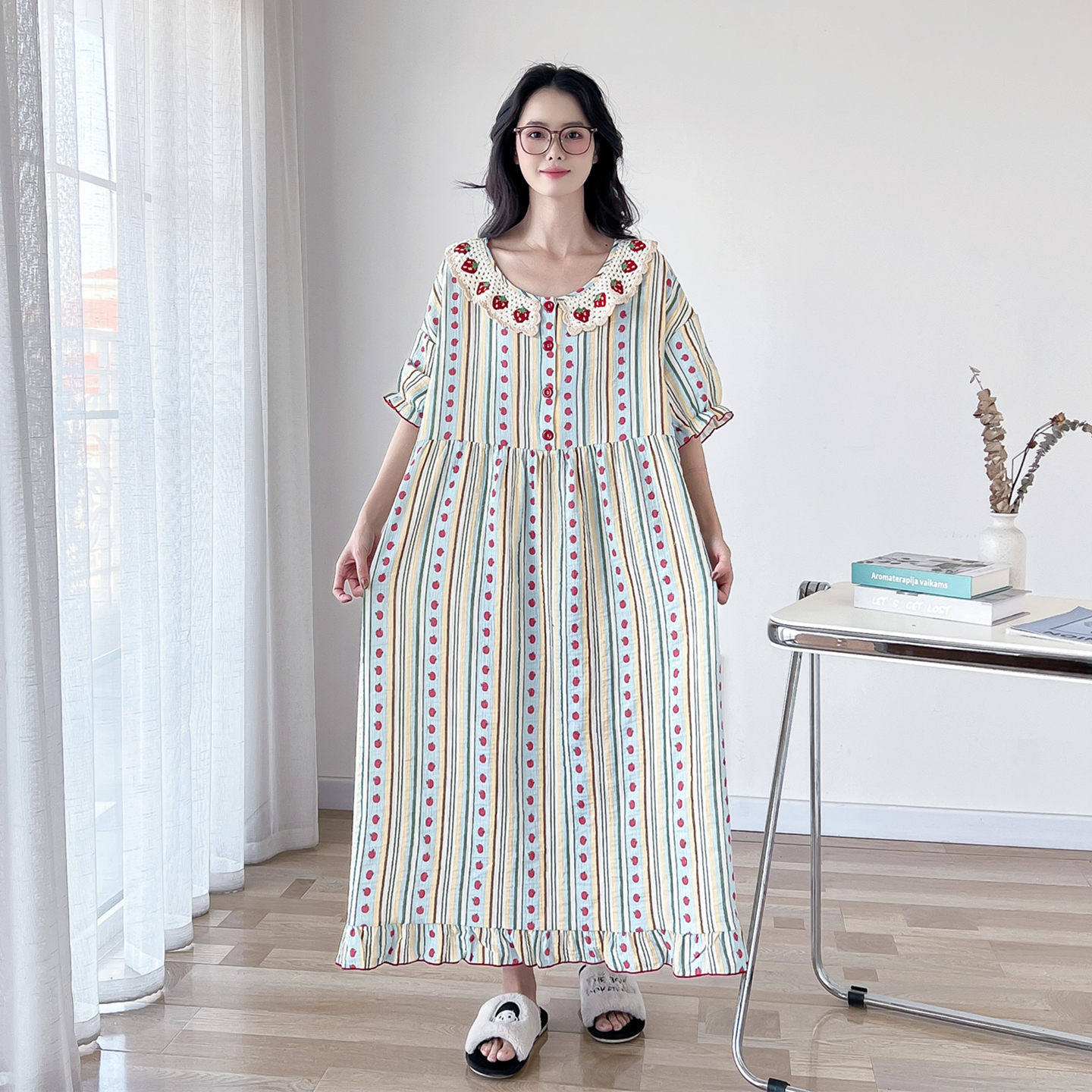 可爱草莓纯棉纱布大码睡裙女春夏短袖胖MM200斤孕妇睡衣裙家居服