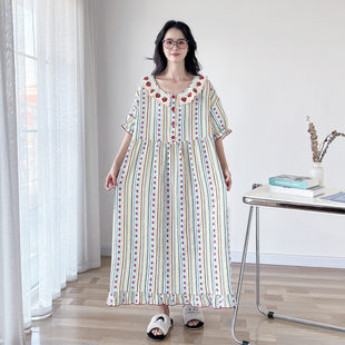 可爱草莓纯棉纱布大码睡裙女春夏短袖胖MM200斤孕妇睡衣裙家居服