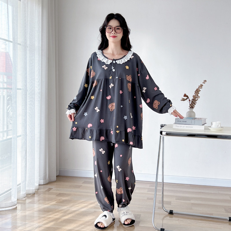 可爱小熊纯棉加大码睡衣女胖mm200斤春秋长袖长裤宽松家居服套装