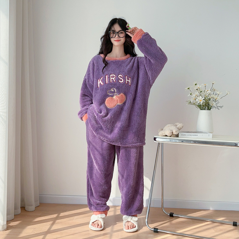 樱桃刺绣珊瑚绒大码睡衣冬季女