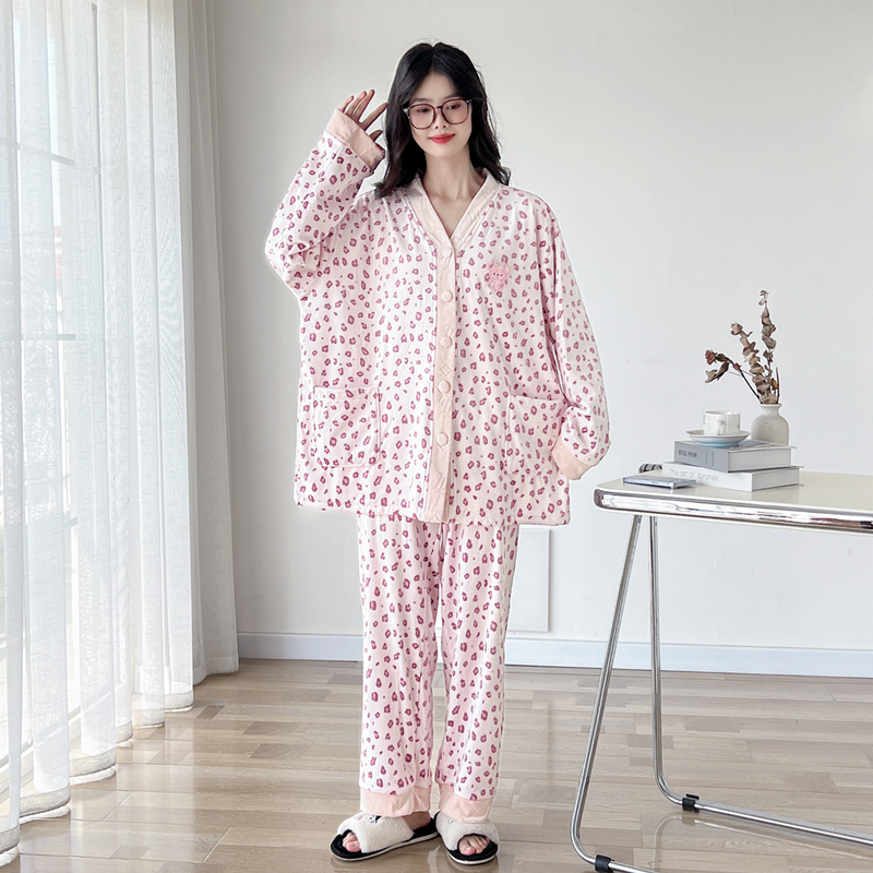 秋冬海岛绒V领开衫大码睡衣套装