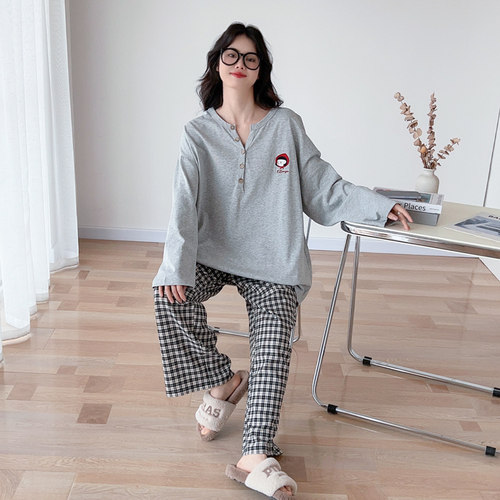 卡通刺绣纯棉大码睡衣套装春秋女