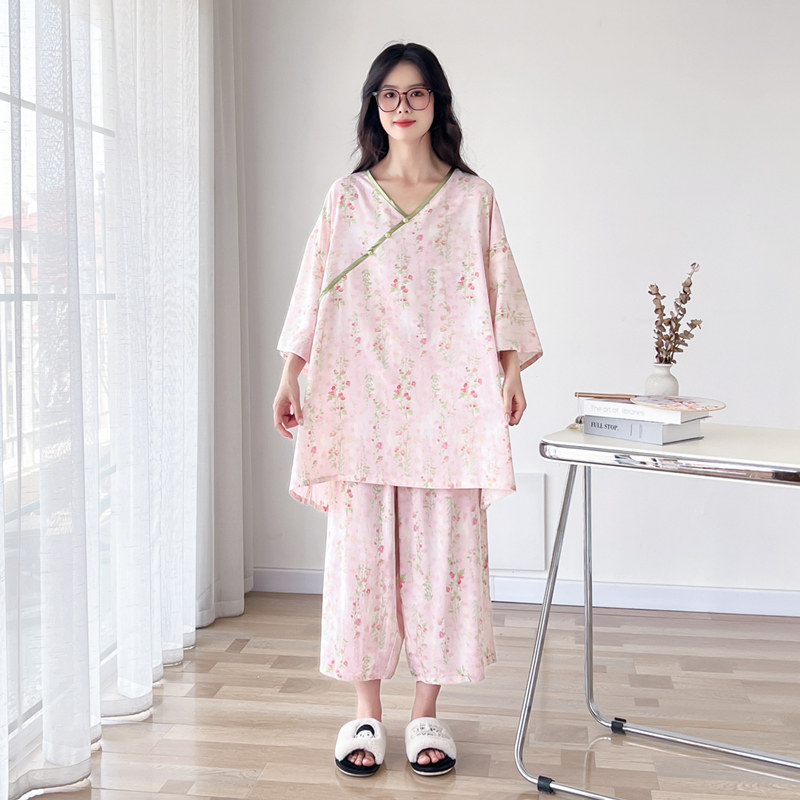 新中式V领棉绸薄款大码睡衣女士夏季短袖国风胖mm200斤家居服套装