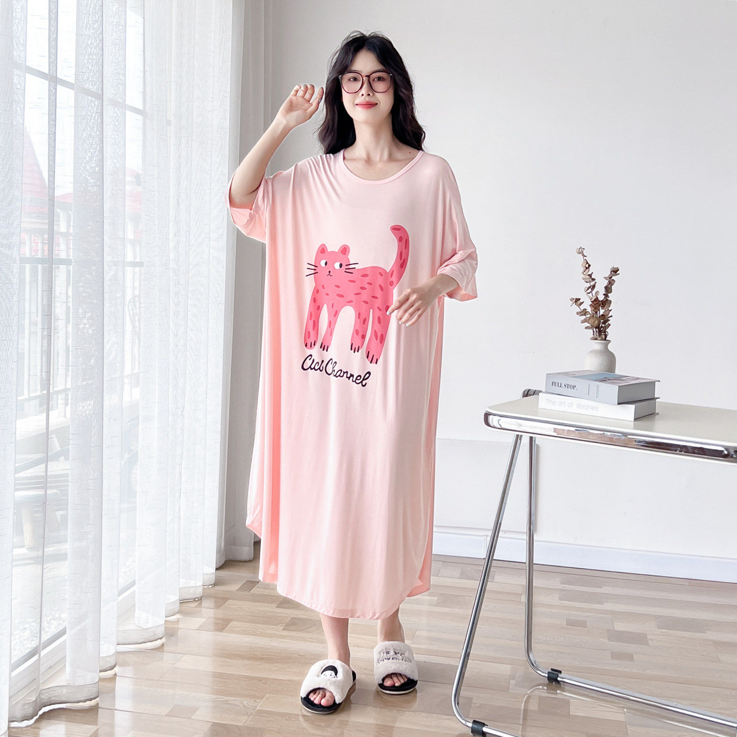 可爱猫咪薄款莫代尔大码睡裙女夏季短袖胖mm200斤孕妇睡衣家居服
