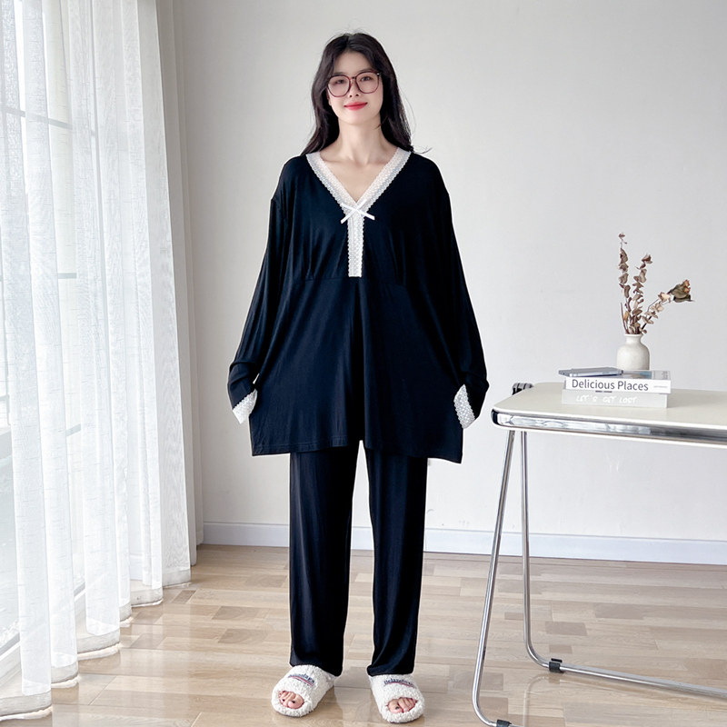 带胸垫莫代尔蕾丝V领大码睡衣女春秋长袖长裤胖mm200斤家居服套装