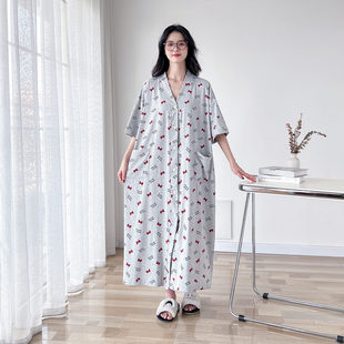 薄款 日系V领开衫 短袖 睡裙女夏季 加肥200斤睡衣长裙家居服 纯棉大码
