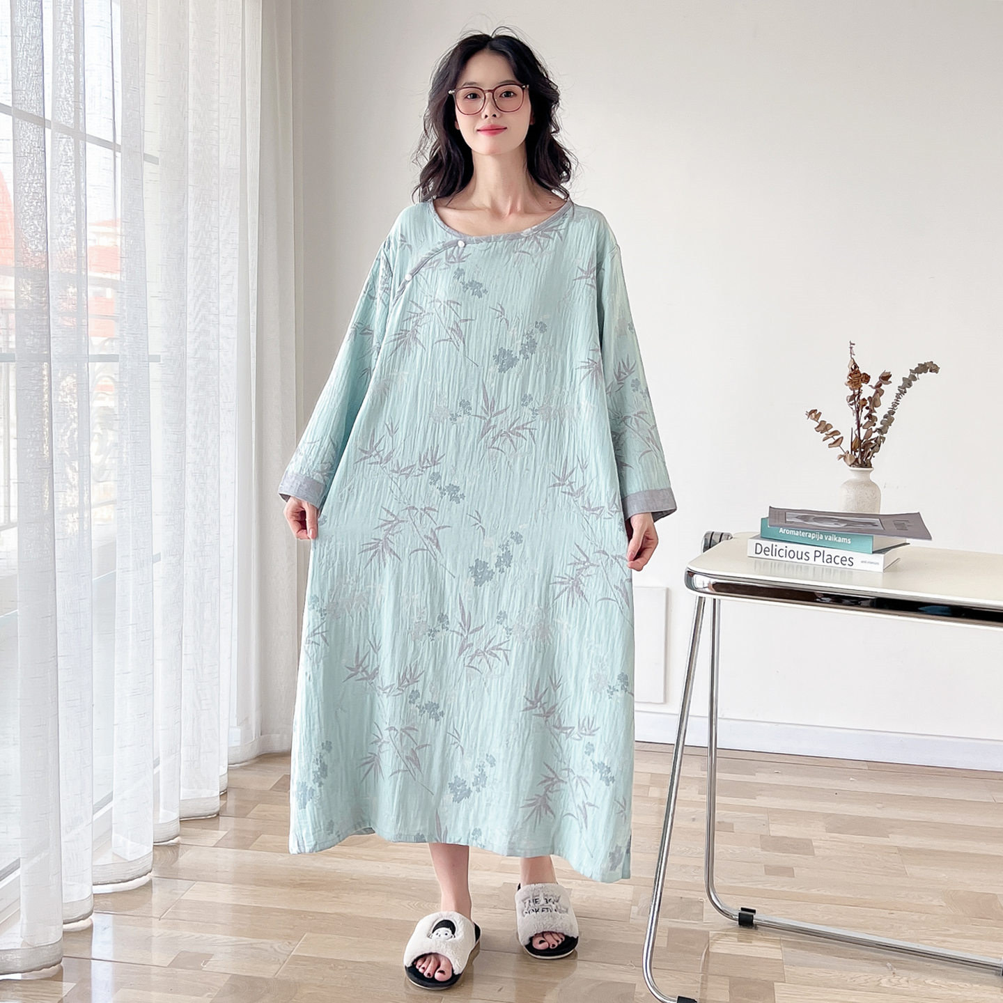 新中式盘扣纯棉纱布大码睡裙女