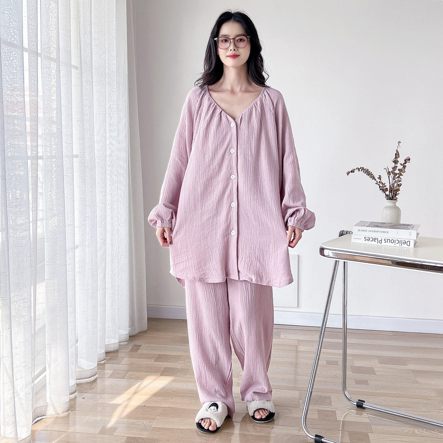 带胸垫简约V领纯棉纱布加肥加大码睡衣女春秋长袖200斤家居服套装,女士内衣/男士内衣/家居服,睡衣/家居服套装,淘宝优惠券,粉丝福利购,淘宝优惠卷