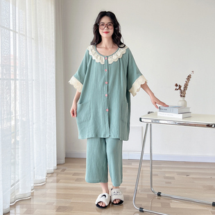 甜美花边纯棉纱布大码 睡衣女夏短袖 薄款 可爱加肥200斤家居服套装